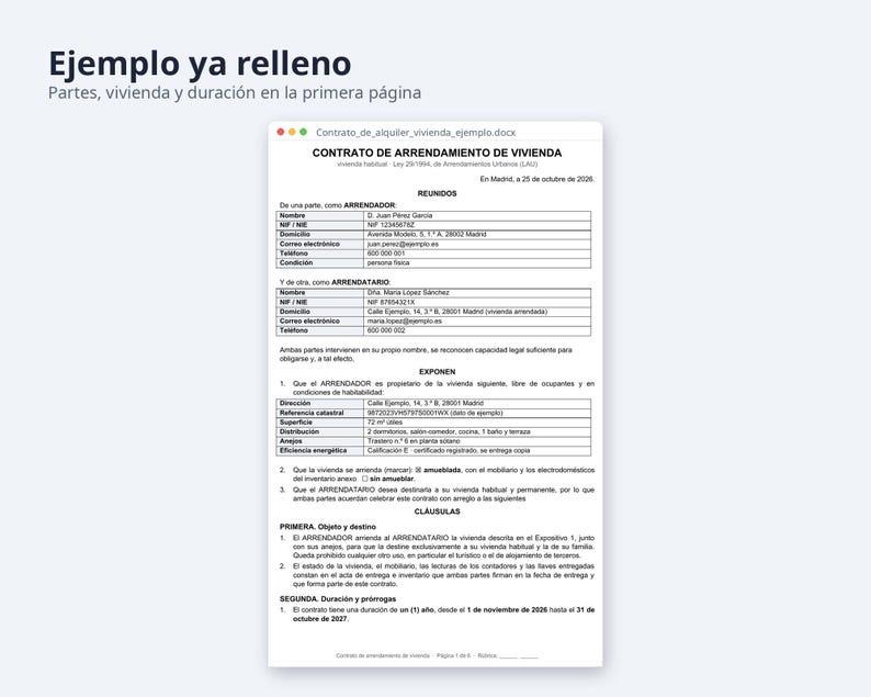 Contrato de alquiler de vivienda Word, LAU 2026 | Spanish, Ejemplo relleno, inventario Excel (Digital Download) image 2