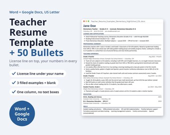 Teacher Resume Template US Letter | Elementary, Secondary, ESL Bullet Library (Digital Download)