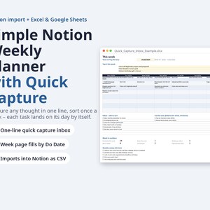 Simple Notion Weekly Planner with Quick Capture Inbox | Notion Import, Excel & Google Sheets, Printable (Digital Download)