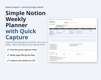 Simple Notion Weekly Planner with Quick Capture Inbox | Notion Import, Excel & Google Sheets, Printable (Digital Download)