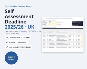 May include: A digital self-assessment deadline planner template for Excel and Google Sheets. The interface displays a table with columns for dates, deadlines, tasks, amounts, and status, featuring a countdown to 31 Jan 2027 and late penalty details.