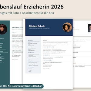 May include: Three resume templates for educators titled Lebenslauf Erzieherin 2026, featuring professional layouts with sections for contact, profile, experience, education, and skills, including placeholders for photos and cover letters.