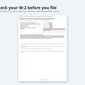 No Tax on Overtime Calculator 2026 | Excel + Google Sheets, Overtime Premium Deduction, W-2 Box 12 TT Tracker (Digital Download) image 5
