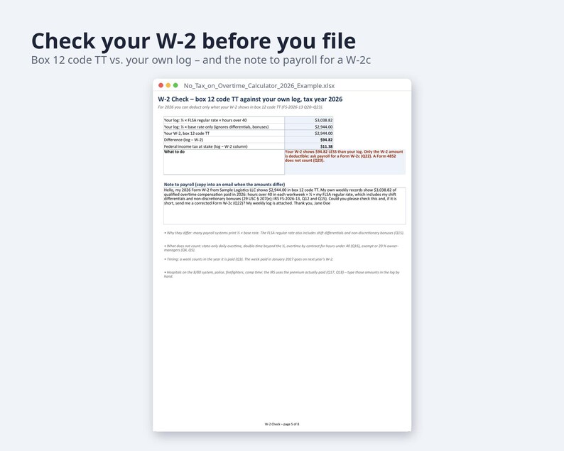 No Tax on Overtime Calculator 2026 | Excel + Google Sheets, Overtime Premium Deduction, W-2 Box 12 TT Tracker (Digital Download) image 5