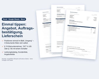 Angebot Vorlage Handwerker Excel Word | German, Auftragsbestätigung, Lieferschein (Digital Download)