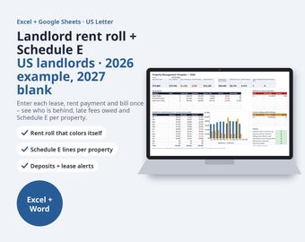 Landlord Schedule E Spreadsheet, Rent Roll + Property Management Excel | Late Fees, Security Deposits, 27.5-Year Depreciation