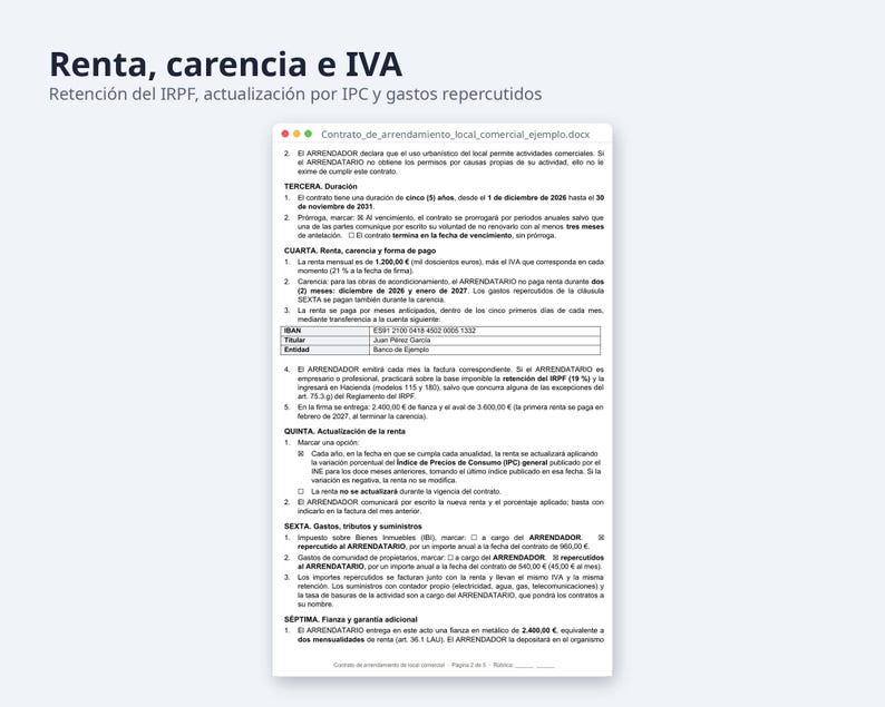 Arrendamiento de local comercial, contrato Word + Excel | Spanish, IVA y retención 19 %, factura (Digital Download) image 3