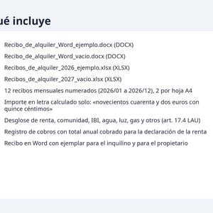 Recibo de alquiler plantilla Excel y Word 2026 2027 | 12 recibos con importe en letra, registro de cobros, A4 (Descarga digital) imagen 9