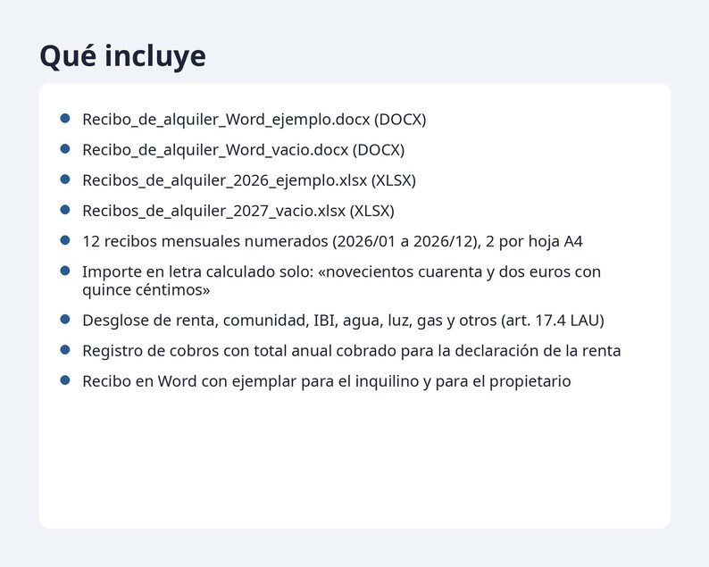Recibo de alquiler plantilla Excel y Word 2026 2027 | 12 recibos con importe en letra, registro de cobros, A4 (Descarga digital) imagen 9