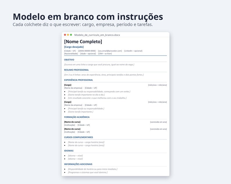 Modelo de currículo Word 2026 formato Brasil | Portuguese, Exemplo preenchido, modelo em branco (Digital Download) image 3