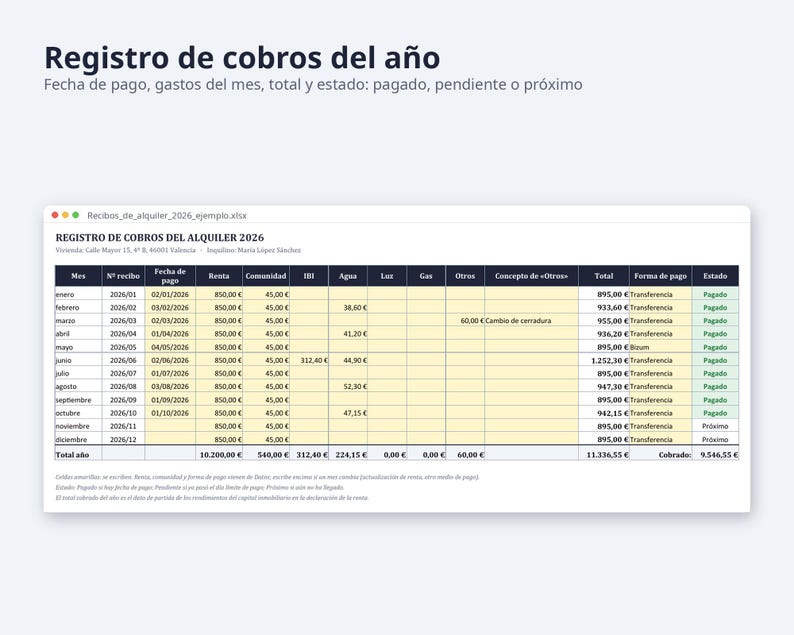 Recibo de alquiler plantilla Excel y Word 2026 2027 | 12 recibos con importe en letra, registro de cobros, A4 (Descarga digital) imagen 4