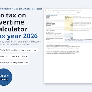 No Tax on Overtime Calculator 2026 | Excel + Google Sheets, Overtime Premium Deduction, W-2 Box 12 TT Tracker (Digital Download) image 1
