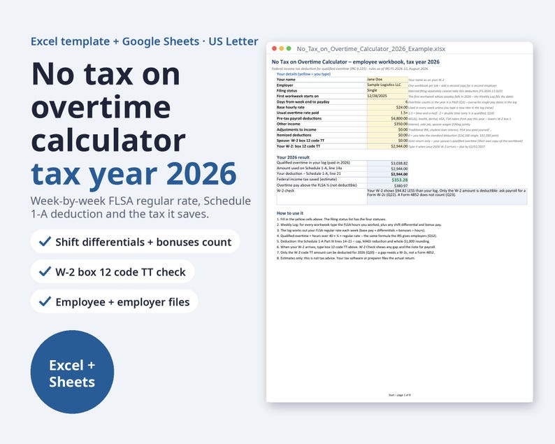 No Tax on Overtime Calculator 2026 | Excel + Google Sheets, Overtime Premium Deduction, W-2 Box 12 TT Tracker (Digital Download) image 1