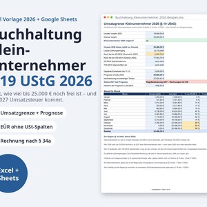 Buchhaltung Kleinunternehmer 2026 Excel § 19 UStG |ドイツ語、Umsatzgrenze 25.000/100.000 EUR、EUR (デジタル ダウンロード)