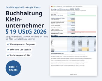 Buchhaltung Kleinunternehmer 2026 Excel § 19 UStG | German, Umsatzgrenze 25.000/100.000 EUR, EÜR (Digital Download)