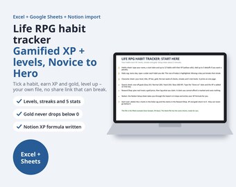 Life RPG Habit Tracker Spreadsheet, Gamified XP + Levels | Excel, Google Sheets, Notion Import, Quest Board, Reward Shop, Streaks
