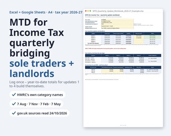 MTD for Income Tax Quarterly Bridging Spreadsheet, Sole Traders & Landlords | 2026-27 HMRC Records, Excel (Digital Download)