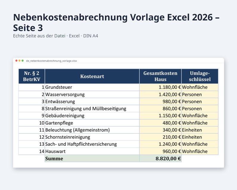 Nebenkostenabrechnung Excel Vorlage 2026 / Vermieter Betriebskostenabrechnung (Descarga digital) imagen 7