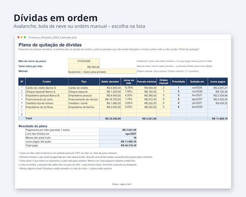 Finanças pessoais planilha 2026 | Portuguese, Plano para quitar dívidas, reserva de emergência (Digital Download) image 4