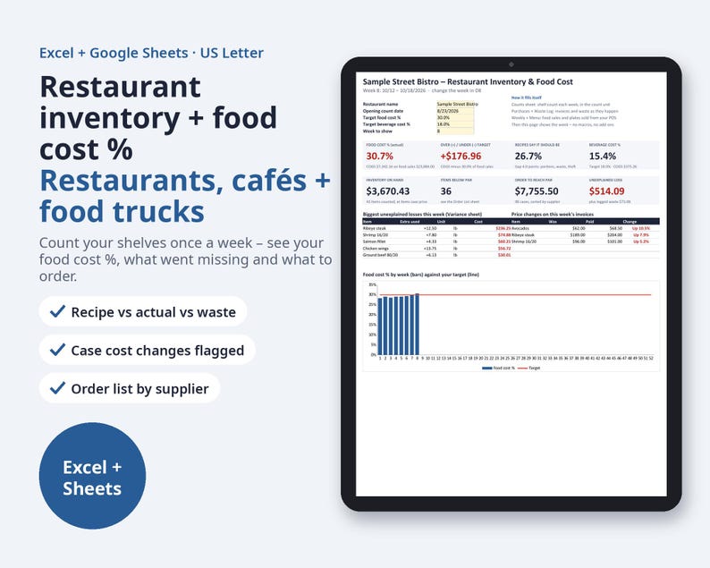 Restaurant Inventory Spreadsheet, Food Cost % Excel | Weekly Count Sheet, Par Levels, Recipe Costing, Waste Variance, Order List image 1