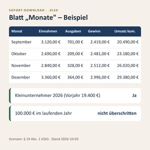 EÜR Excel Vorlage 2026 Kleinunternehmer | Einnahmen Ausgaben Tabelle mit Grenzen Check 25.000 und 100.000 Euro | Sofort Download image 2