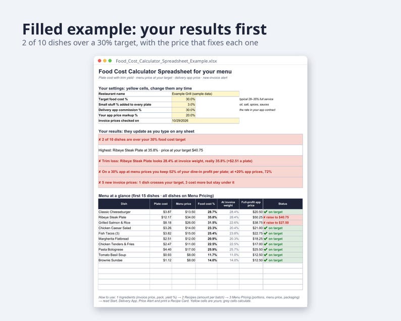 Food Cost Calculator Spreadsheet with Yield | Recipe Costing, Menu Price, Delivery App Price (Digital Download) image 2