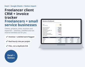 Freelancer Notion Template Bundle, Client CRM + Invoice Tracker | Time Log, Projects, Expenses, Tax Reserve, Excel and Google Sheets