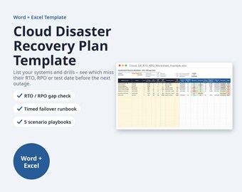 Cloud Disaster Recovery Plan Template | RTO RPO Worksheet, Failover Runbook, DR Test Log (Digital Download)