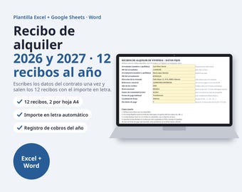 Recibo de alquiler plantilla Excel y Word 2027 | 12 recibos numerados, importe en letra, registro de cobros, art. 17.4 LAU