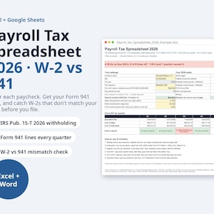 Payroll Tax Spreadsheet 2026 Excel | Form 941 vs W-2 Check, FICA & FUTA, Federal Withholding Pub 15-T (Digital Download) image 1