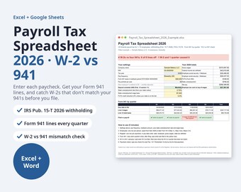 Payroll Tax Spreadsheet 2026 Excel | Form 941 vs W-2 Check, FICA & FUTA, Federal Withholding Pub 15-T (Digital Download)