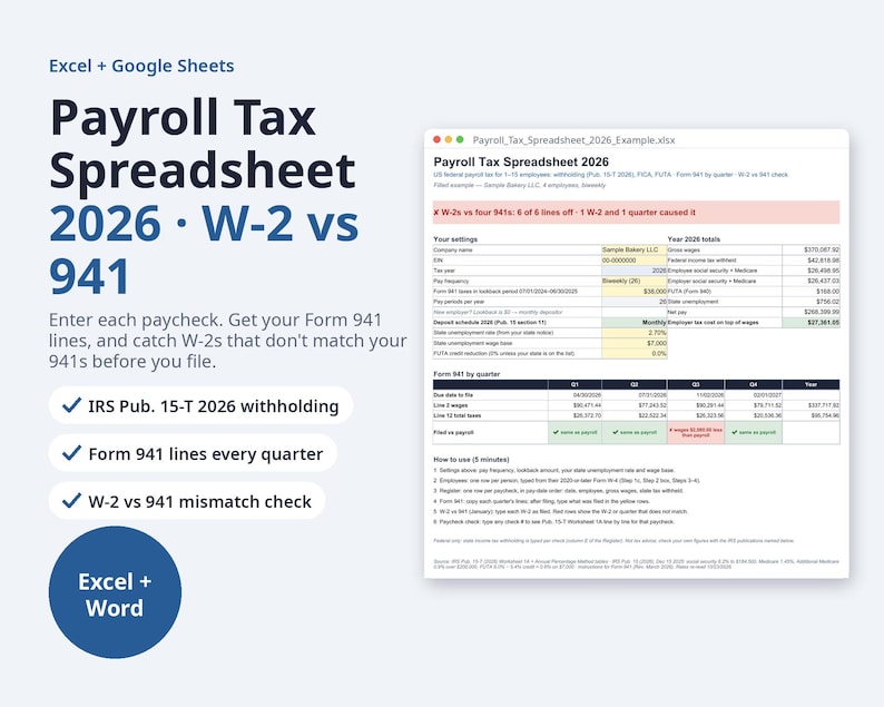 Payroll Tax Spreadsheet 2026 Excel | Form 941 vs W-2 Check, FICA & FUTA, Federal Withholding Pub 15-T (Digital Download) image 1