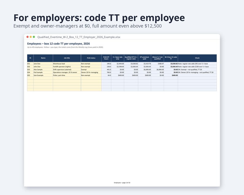 No Tax on Overtime Calculator 2026 | Excel + Google Sheets, Overtime Premium Deduction, W-2 Box 12 TT Tracker (Digital Download) image 6