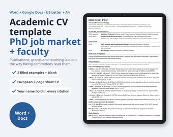 Academic CV Template for PhD Job Market and Faculty, Word | Publications, Grants, Teaching, European 2-Page Short CV, Section Guide