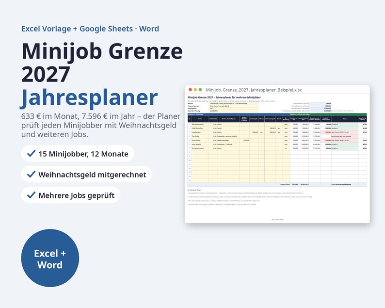 Minijob Grenze 2027 Jahresplaner Excel | German, mehrere Minijobber, Weihnachtsgeld-Check (Digital Download) image 1