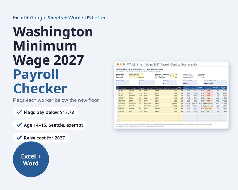 ワシントン州最低賃金2027年給与計算チェッカー｜Excel昇給計算ツール、従業員給与通知、雇用主チェックリスト（デジタルダウンロード） 画像 1
