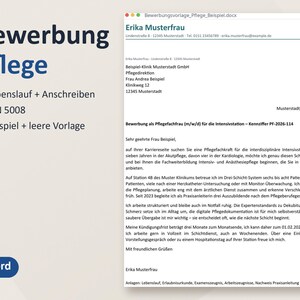 May include: A digital document template for a nursing job application titled Bewerbung Pflege. It includes a resume and cover letter in DIN 5008 format, featuring a sample letter from Erika Musterfrau to a clinic, available in Word format.