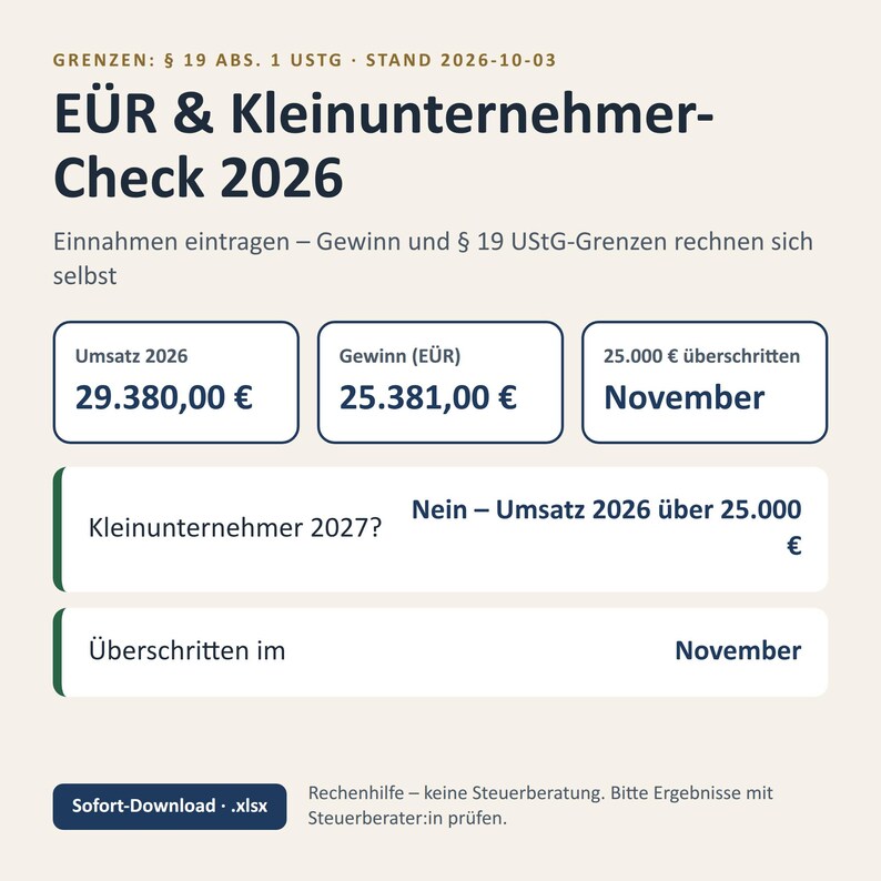 EÜR Excel Vorlage 2026 Kleinunternehmer | Einnahmen Ausgaben Tabelle mit Grenzen Check 25.000 und 100.000 Euro | Sofort Download image 1