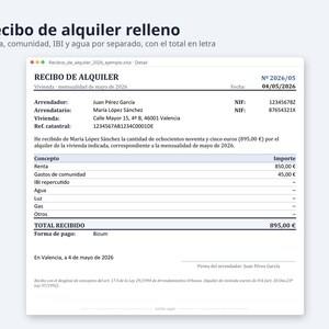 Recibo de alquiler plantilla Excel y Word 2026 2027 | 12 recibos con importe en letra, registro de cobros, A4 (Descarga digital) imagen 8
