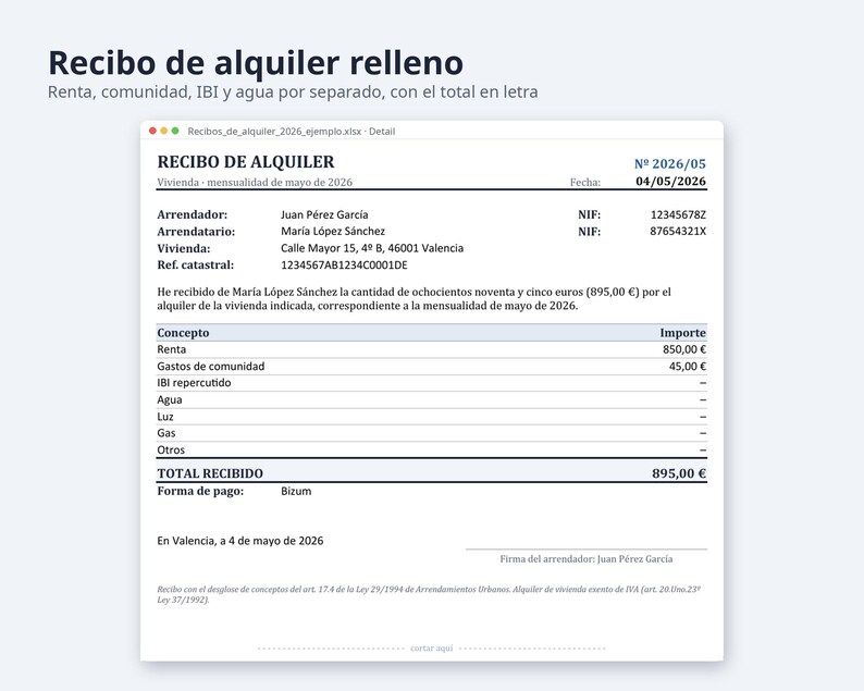 Recibo de alquiler plantilla Excel y Word 2026 2027 | 12 recibos con importe en letra, registro de cobros, A4 (Descarga digital) imagen 8