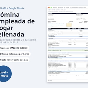 Nómina empleada de hogar rellenada 2026 | Spanish, Excel con cotización, 12 meses y plantilla vacía (Digital Download)