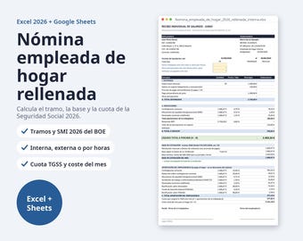 Nómina empleada de hogar rellenada 2026 | Spanish, Excel con cotización, 12 meses y plantilla vacía (Digital Download)