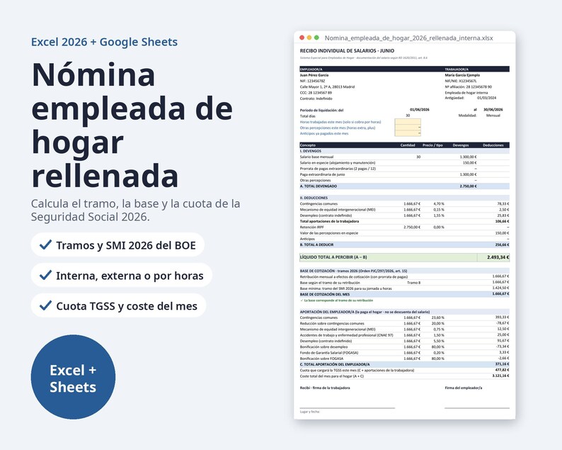 Nómina empleada de hogar rellenada 2026 | Spanish, Excel con cotización, 12 meses y plantilla vacía (Digital Download) image 1