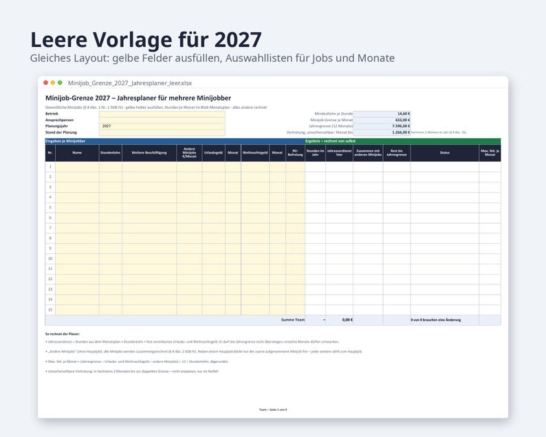 Minijob Grenze 2027 Jahresplaner Excel | German, mehrere Minijobber, Weihnachtsgeld-Check (Digital Download) image 6
