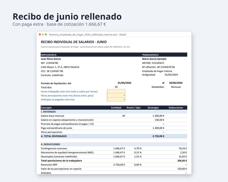 Nómina empleada de hogar rellenada 2026 | Spanish, Excel con cotización, 12 meses y plantilla vacía (Digital Download) image 8