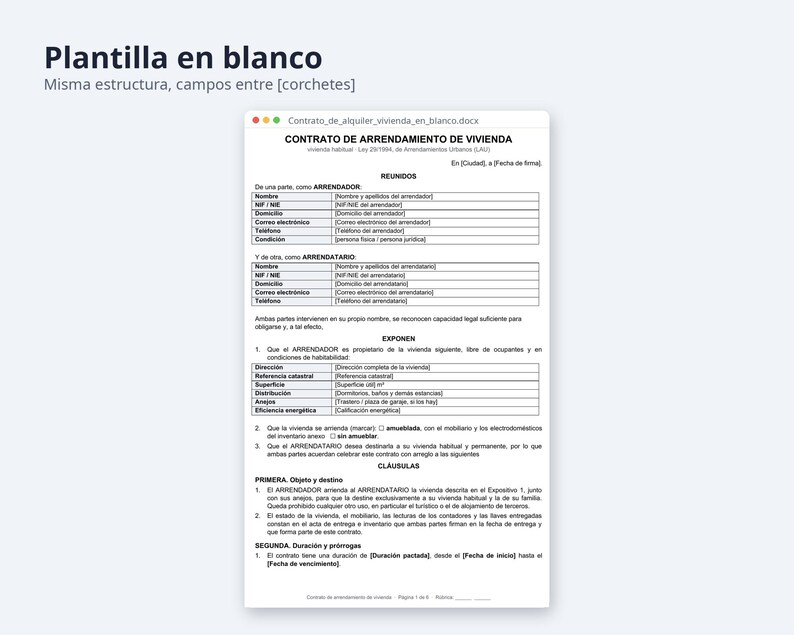 Contrato de alquiler de vivienda Word, LAU 2026 | Spanish, Ejemplo relleno, inventario Excel (Digital Download) image 5