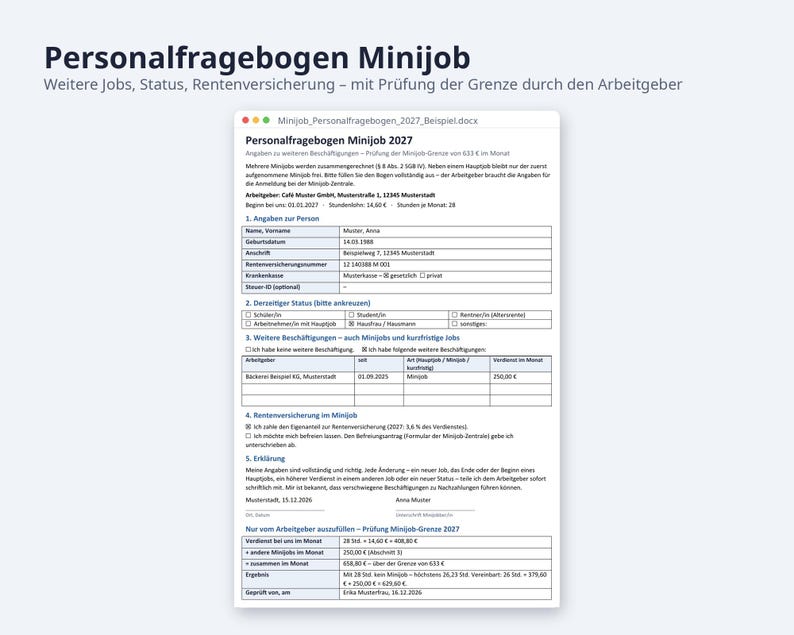 Minijob Grenze 2027 Jahresplaner Excel | German, mehrere Minijobber, Weihnachtsgeld-Check (Digital Download) image 5