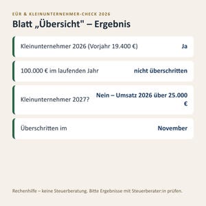 EÜR Excel Vorlage 2026 Kleinunternehmer | Einnahmen Ausgaben Tabelle mit Grenzen Check 25.000 und 100.000 Euro | Sofort Download image 3