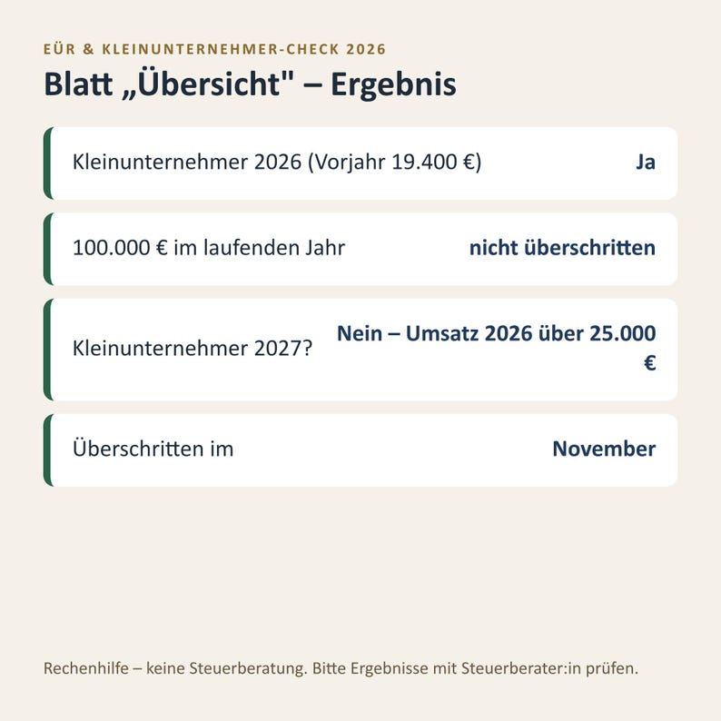EÜR Excel Vorlage 2026 Kleinunternehmer | Einnahmen Ausgaben Tabelle mit Grenzen Check 25.000 und 100.000 Euro | Sofort Download image 3