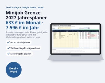 Minijob Grenze 2027 Excel Jahresplaner | bis 15 Minijobber, 633 EUR im Monat, 7.596 EUR im Jahr, Weihnachtsgeld, Personalfragebogen